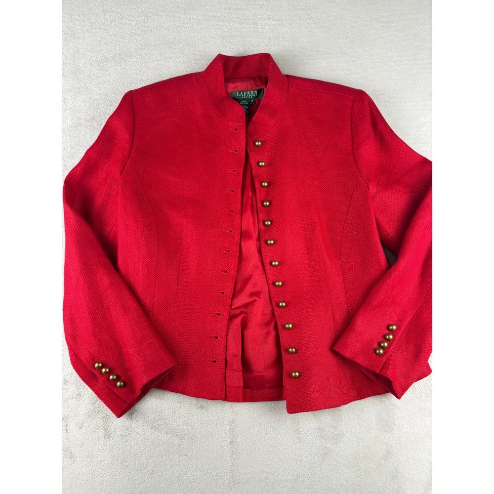 Lauren Ralph Lauren Red Linen Military Blazer Petite 6P Brass Button Jacket